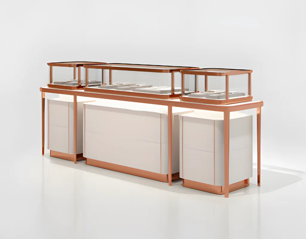 Rose Red Gold Stainless Steel Luxury Store Display Showcase
