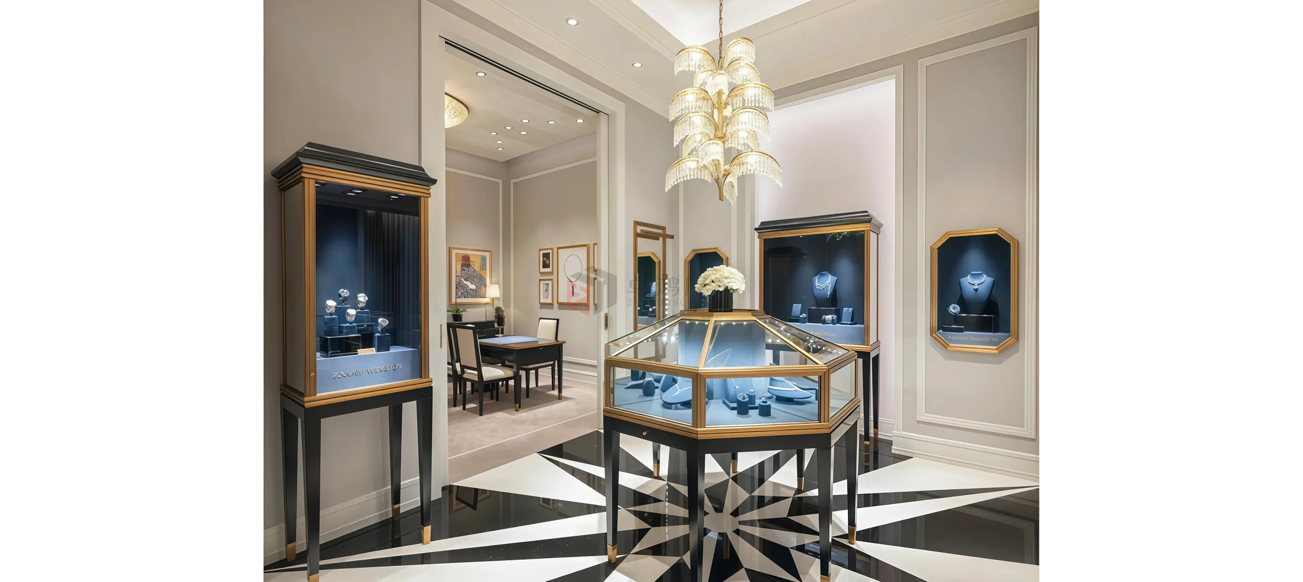 Crystal chandeliers × Artistic displays, embodying the premium quality of jewellery boutiques