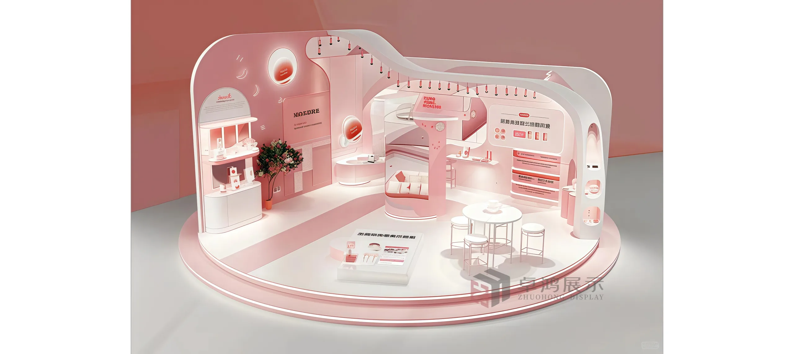 Pink-hued curved spaces create an 'experience + sales' beauty retail environment